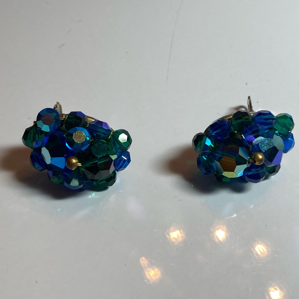 Vintage green blue crystal clip earrings.